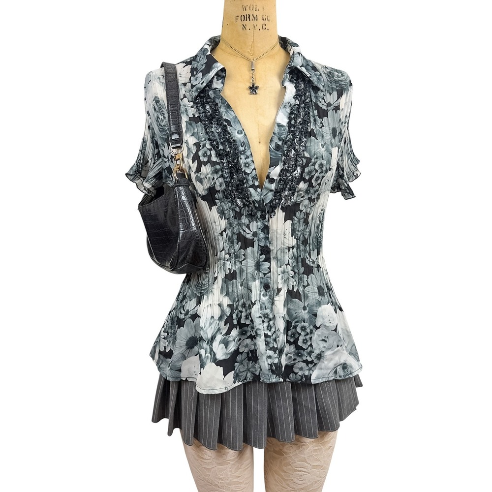 Y2K Black Floral Crinkle Pleated Blouse Ruffle Button Up Dark Coquette Size S